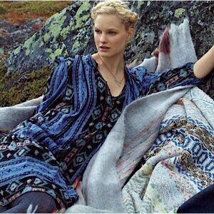 Spring ANTHROPOLOGIE Holding Horses Winter Moon Dress Womens IKAT Blue Boho S